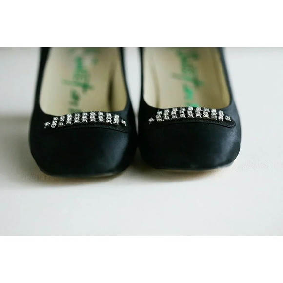 Vintage Hand Made Back Satin Rhinestone  Slip on Heels 6.5 - Picture 5 of 8